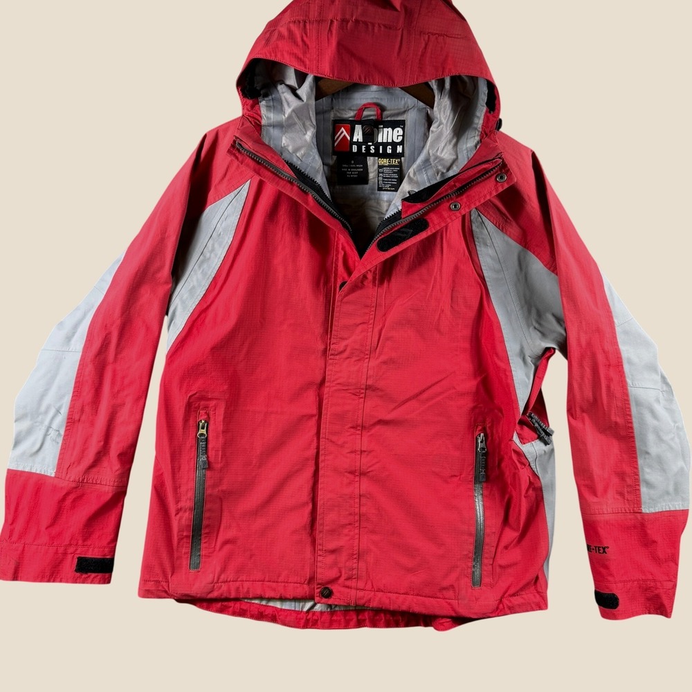 Vintage Alpine Design GTX Jacket Mens S Red Grey Hooded Waterproof Shell Hiking